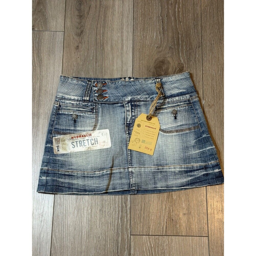 Hydraulic VTG Y2K Denim Micro Mini Skirt Size 7/8 Low Rise Flap Pockets NWT - Picture 2 of 5